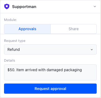 Supportman Approvals panel in the Intercom inbox with request type and details fields
