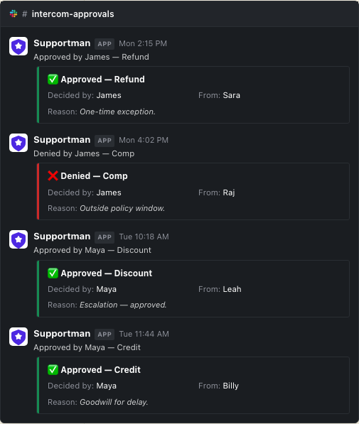 Slack channel showing a history of approved and denied approval requests with reasons