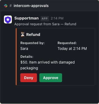 Pending approval request in Slack with Approve and Deny buttons
