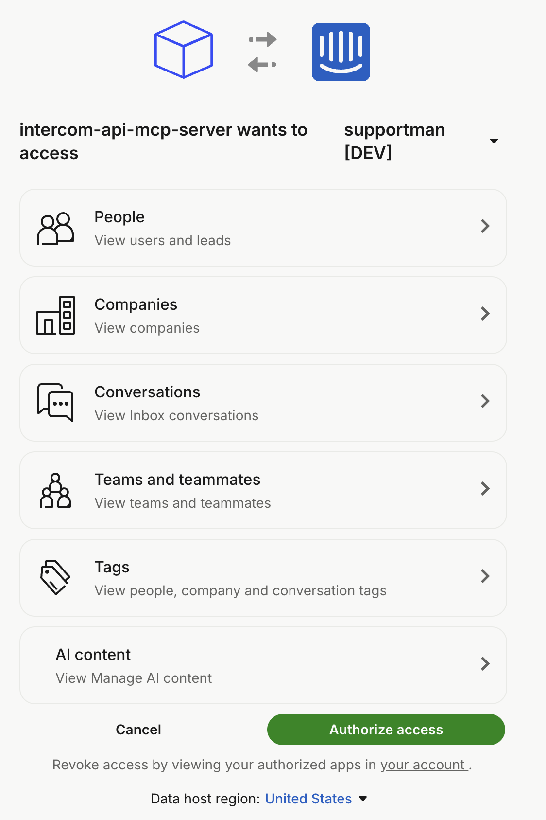Intercom OAuth screen for intercom-api-mcp-server showing view-only permissions for people, companies, conversations, teams, tags and AI content, with the data host region at the bottom