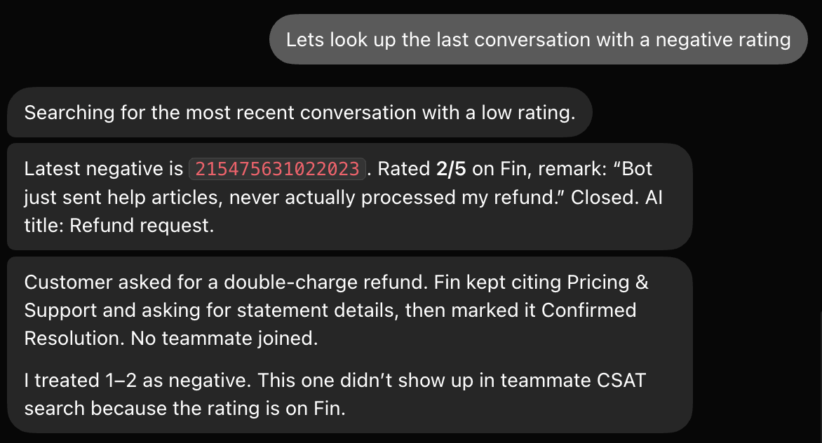 Sammy finding the most recent negatively rated conversation, quoting the conversation ID, the 2/5 rating on Fin, the customer's remark, and noting it treated 1-2 as negative