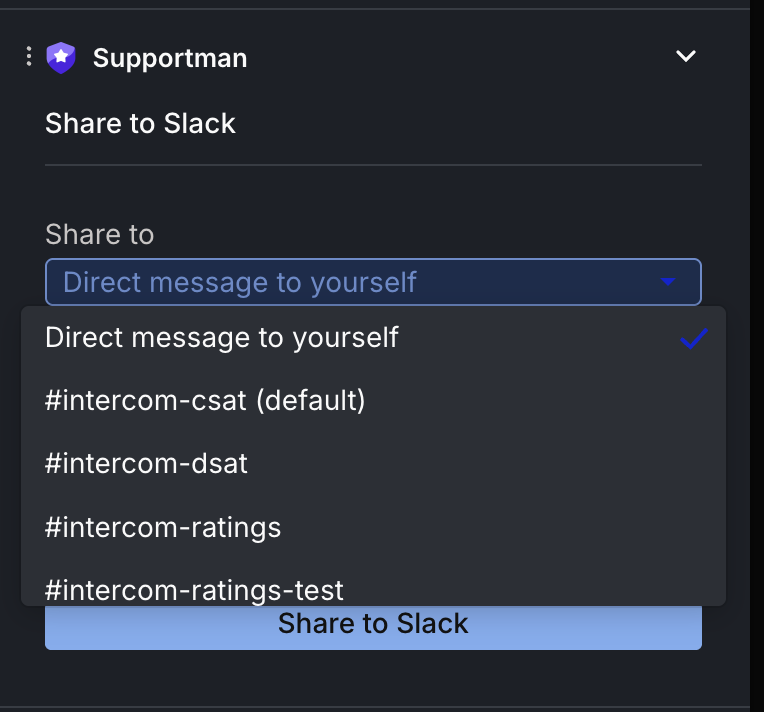 Share to dropdown showing Slack channels and direct message to yourself