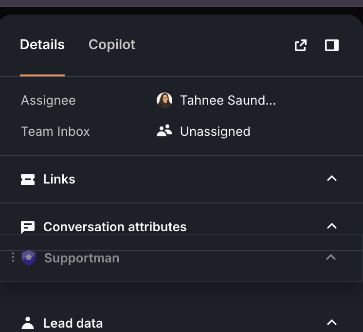 Dragging the Supportman panel up the Intercom Details sidebar using the reorder handle