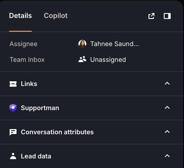 Intercom Details sidebar showing the Supportman section among conversation panels