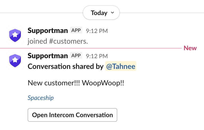 Slack message from Supportman showing a shared conversation with note and Open Intercom Conversation button
