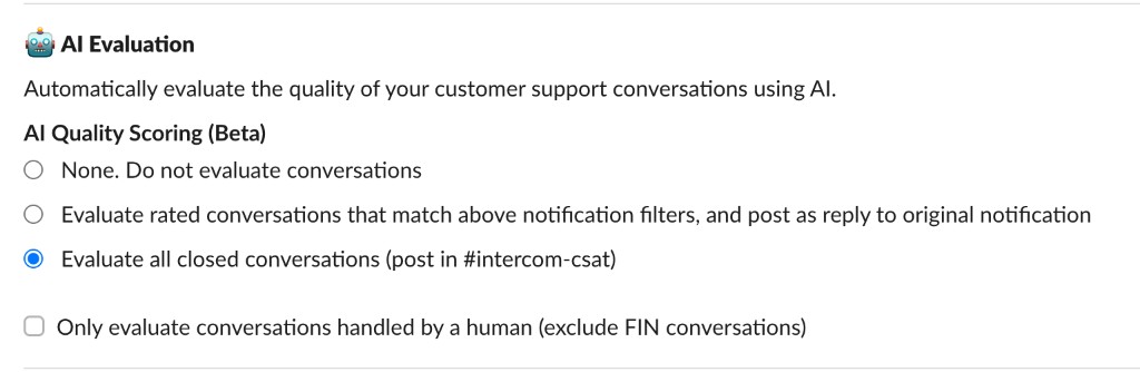 Supportman App Home AI Evaluation settings showing evaluate all closed conversations option