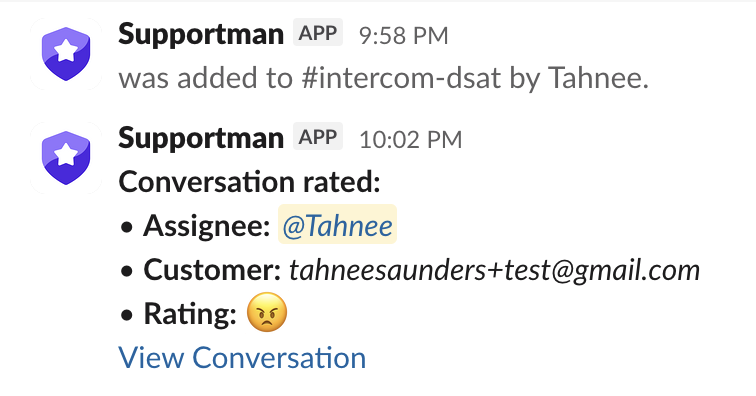 Supportman Slack message showing a dissatisfied conversation rating with assignee, customer, and View Conversation link